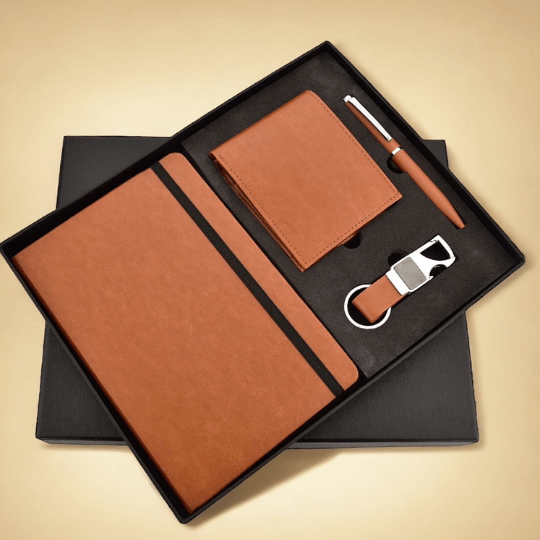 notebook with pen, wallet and keychain