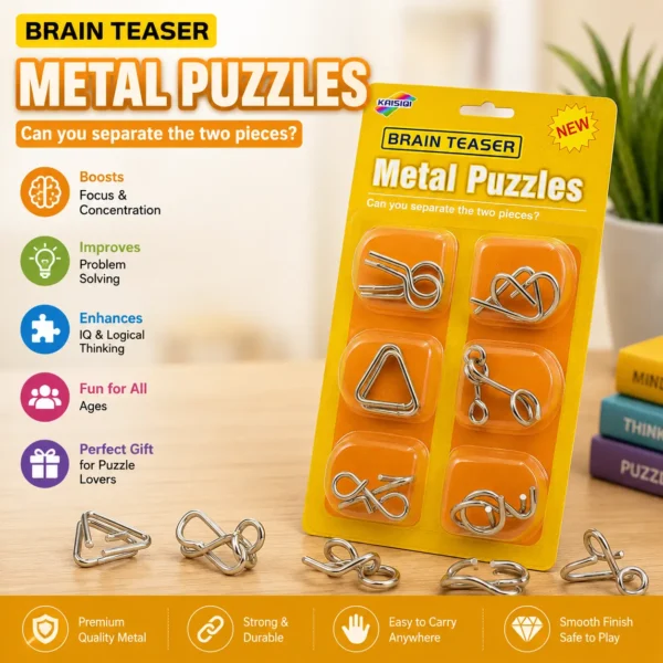 Pack of 1 with 6 Sets Brain Teaser Metal Puzzles Set