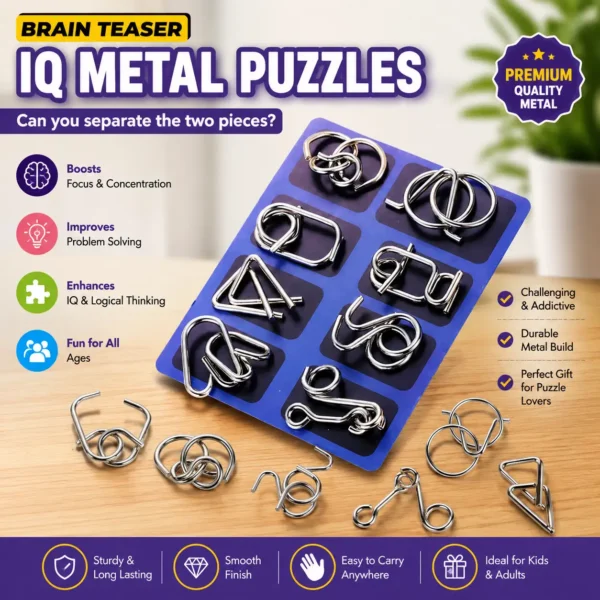 Pack of 1 with 6 Sets Brain Teaser Metal Puzzles Set