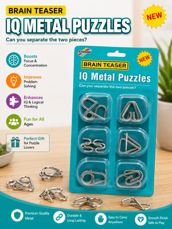 Pack of 1 with 6 Sets Brain Teaser Metal Puzzles Set