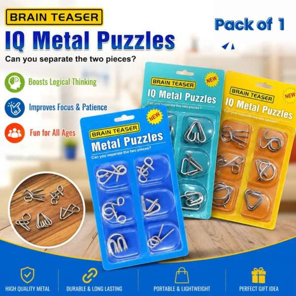 Pack of 1 with 6 Sets Brain Teaser Metal Puzzles Set