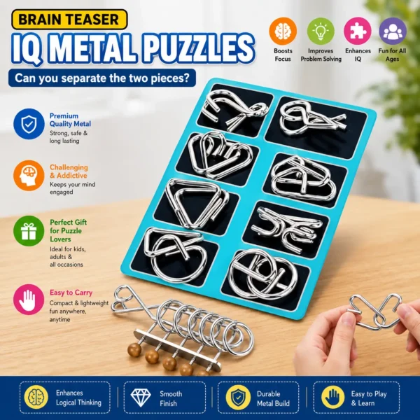 Pack of 1 with 6 Sets Brain Teaser Metal Puzzles Set
