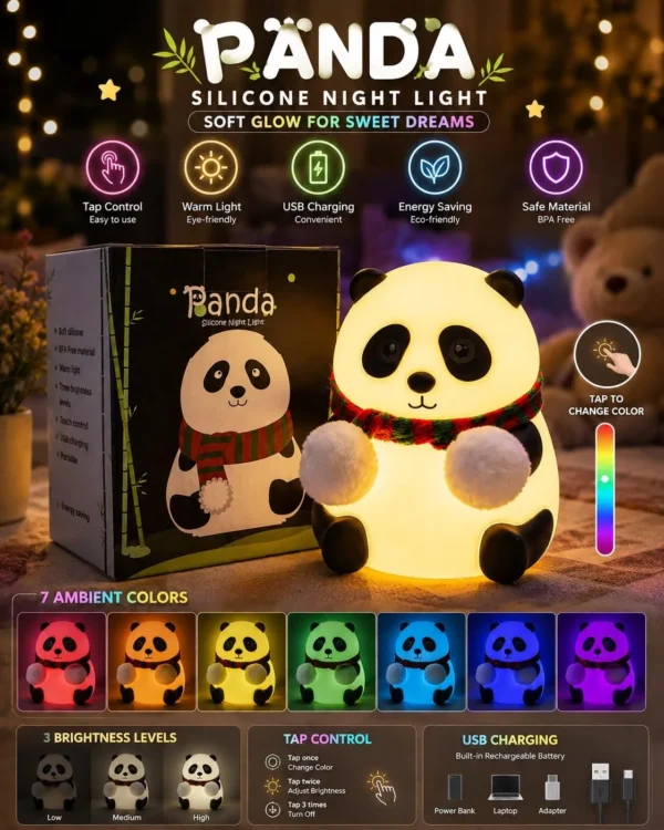 Cute Panda Silicone Night Light – Rechargeable Multicolor Touch Lamp for Kids