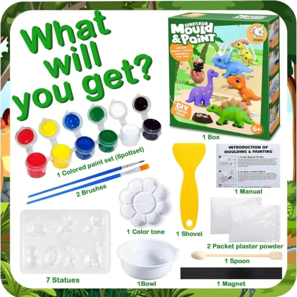 DIY Dinosaur Mould & Paint Kit for Kids 5+ – 7 Plaster Figurine Moulds with Paints & Tools