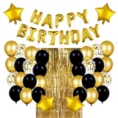Happy Birthday Balloon Decoration Set – 37-Piece Gold & Black Party Kit with Foil, Confetti & Curtain