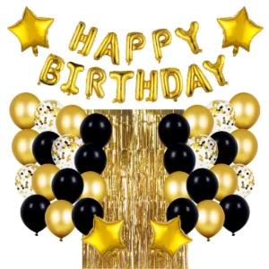 Happy Birthday Balloon Decoration Set – 37-Piece Gold & Black Party Kit with Foil, Confetti & Curtain