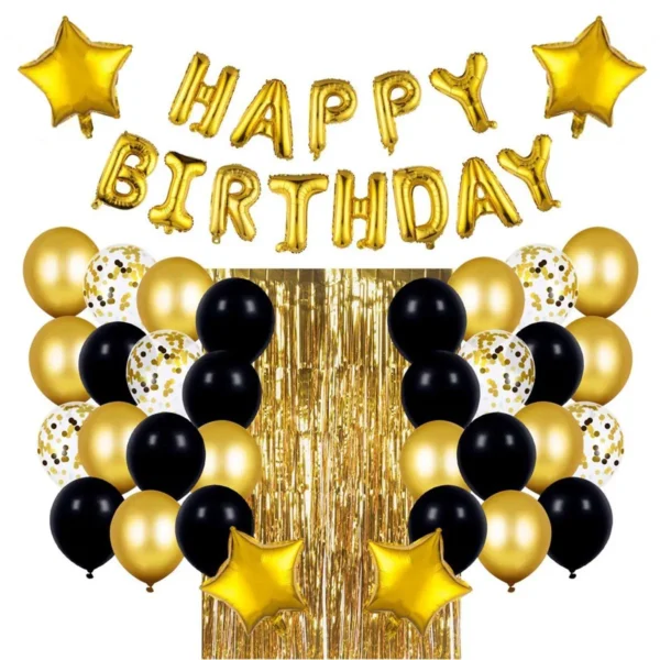 Happy Birthday Balloon Decoration Set – 37-Piece Gold & Black Party Kit with Foil, Confetti & Curtain Happy Birthday Balloon Decoration Set – 37-Piece Gold & Black Party Kit with Foil, Confetti & Curtain