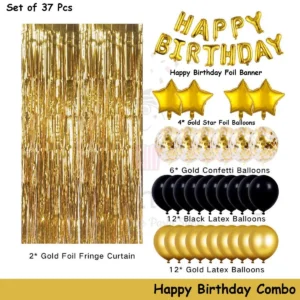 Happy Birthday Balloon Decoration Set – 37-Piece Gold & Black Party Kit with Foil, Confetti & Curtain