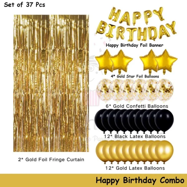 Happy Birthday Balloon Decoration Set – 37-Piece Gold & Black Party Kit with Foil, Confetti & Curtain. Happy Birthday Balloon Decoration Set – 37-Piece Gold & Black Party Kit with Foil, Confetti & Curtain